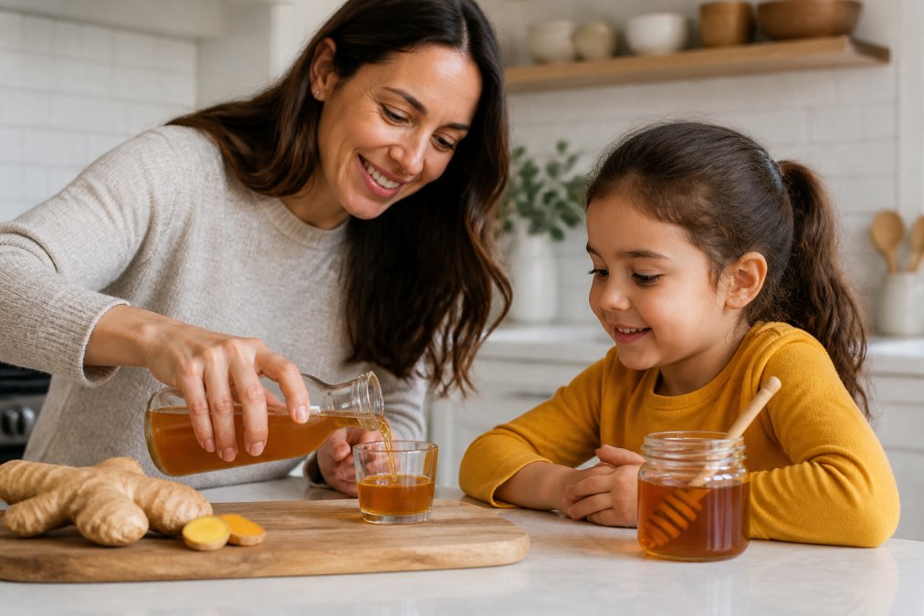 A parent pouring a small glass of amber-colored tonic for a child at a bright kitchen counter, fresh ginger and a jar of honey visible in the background