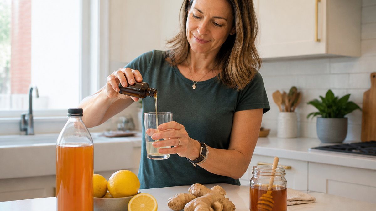 A woman in her 40s in a bright kitchen pouring a small amber wellness tonic shot into a glass, with a bottle of apple cider vinegar, fresh ginger root, lemon halves, and a jar of honey arranged on the counter beside her