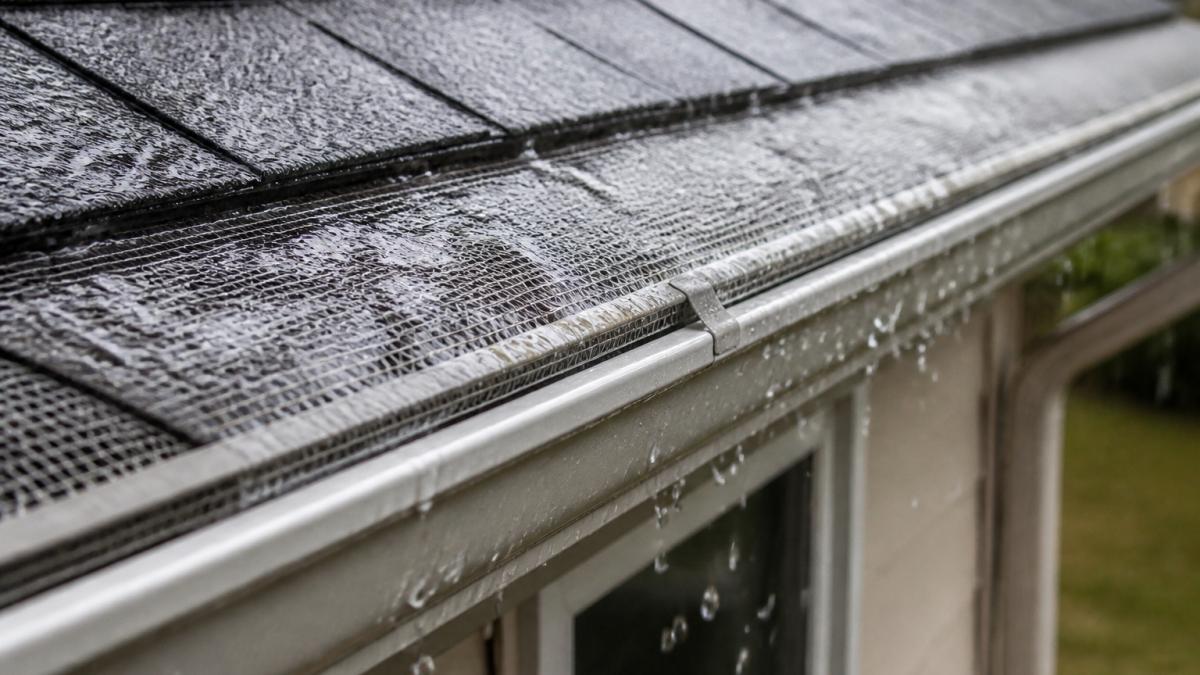Close-up of a seamless aluminum gutter mounted along a home's fascia board with a fine mesh guard clipped over the top, rainwater flowing through the mesh during a light shower, wet shingles visible above