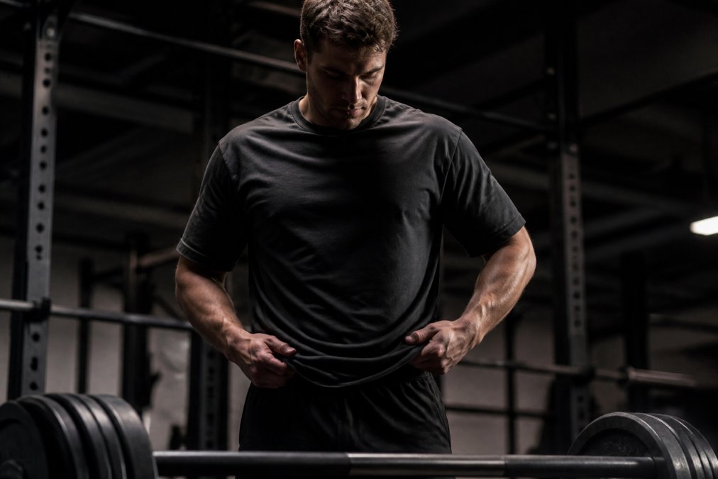 Focused athlete putting on heavyweight gym apparel for discipline before a barbell session in a dark gym