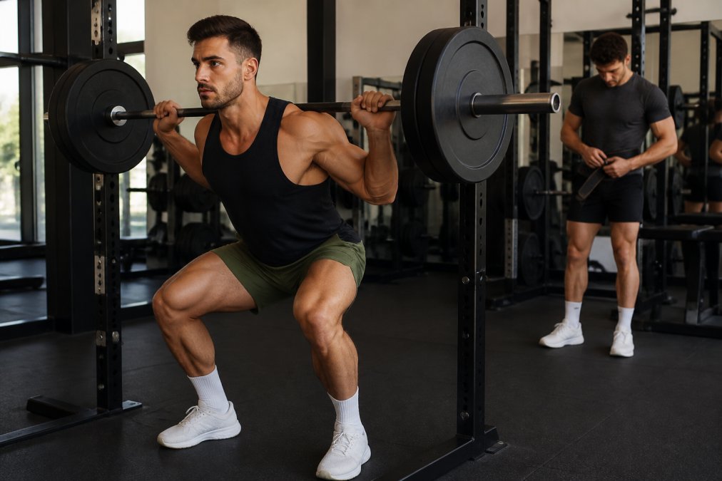 Diagram illustrating the range of motion in athletic shorts during a barbell squat in a gym setting