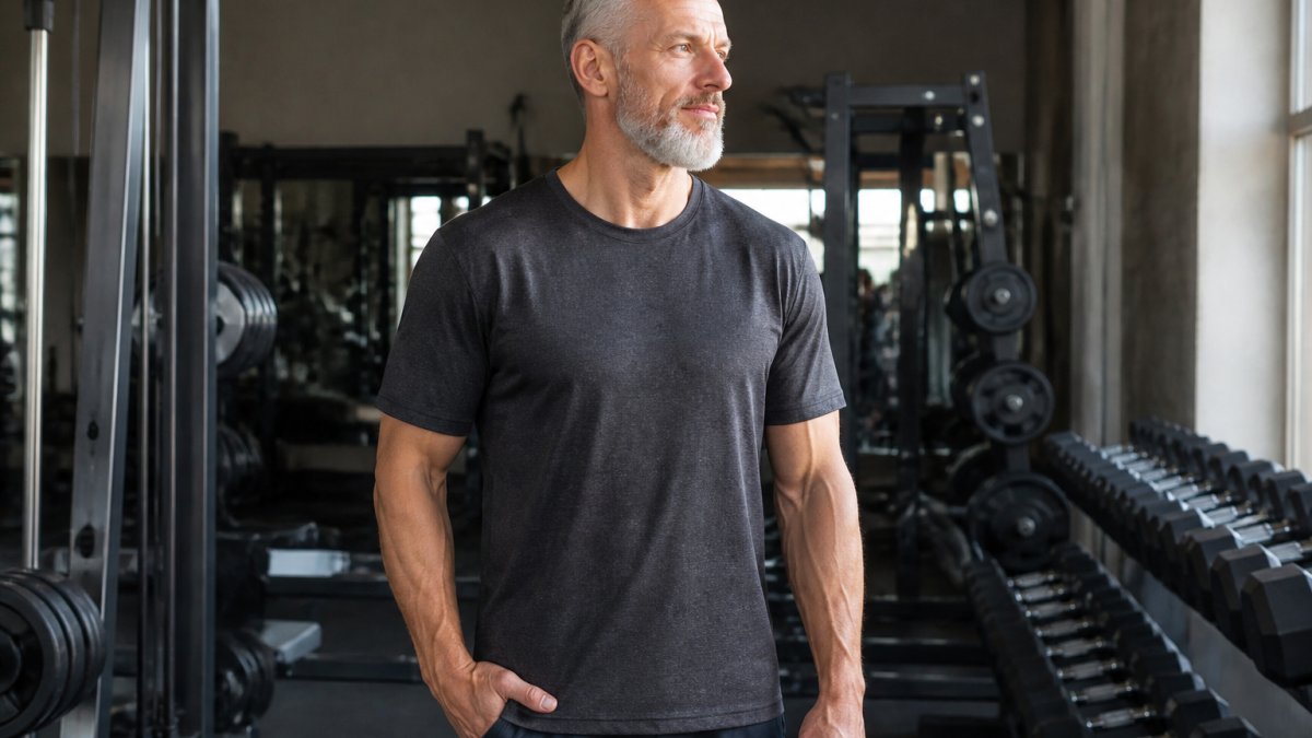 Mature man in a heavyweight gym t-shirt demonstrating proper fit while standing in a gym with dumbbells and weight racks visible in the background, natural gym lighting