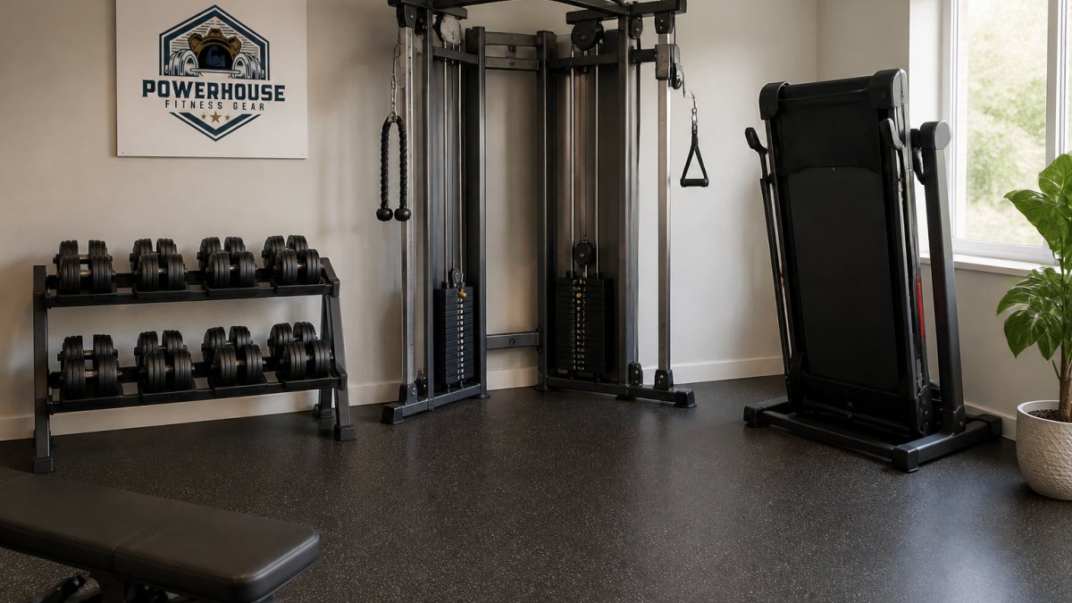 A bright small fitness studio with a compact functional trainer, adjustable dumbbells on a rack, and a foldable treadmill arranged along one wall, with clear floor space in the center