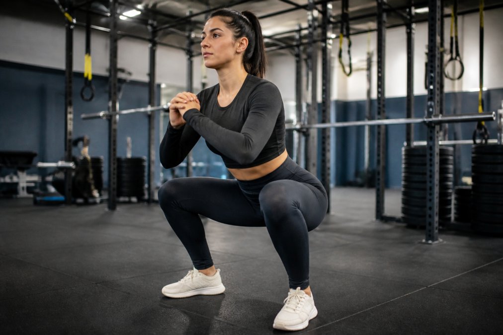 A person in moisture-wicking athletic apparel performing a deep squat in a well-lit gym, fabric taut against the legs showing full range of motion, bright overhead lighting