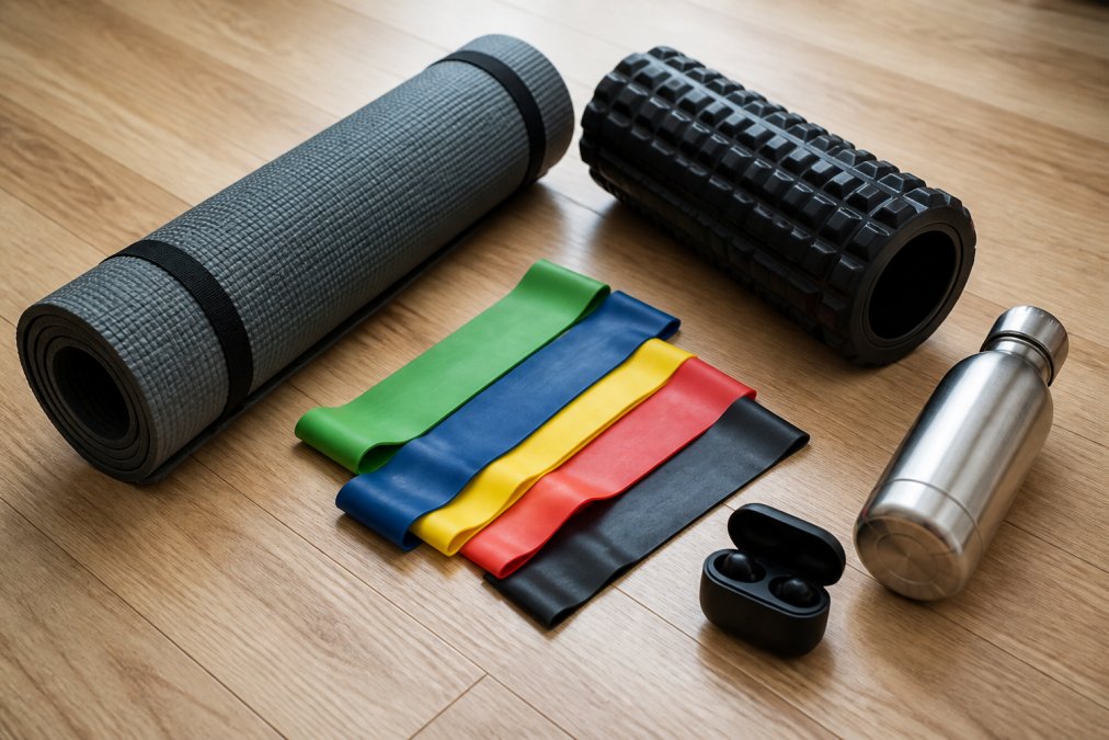 A flat-lay of beginner gym accessories arranged on a light wooden floor: a tightly rolled exercise mat, a cylindrical foam roller, a set of colorful resistance bands, a stainless steel water bottle, and wireless earbuds in their charging case