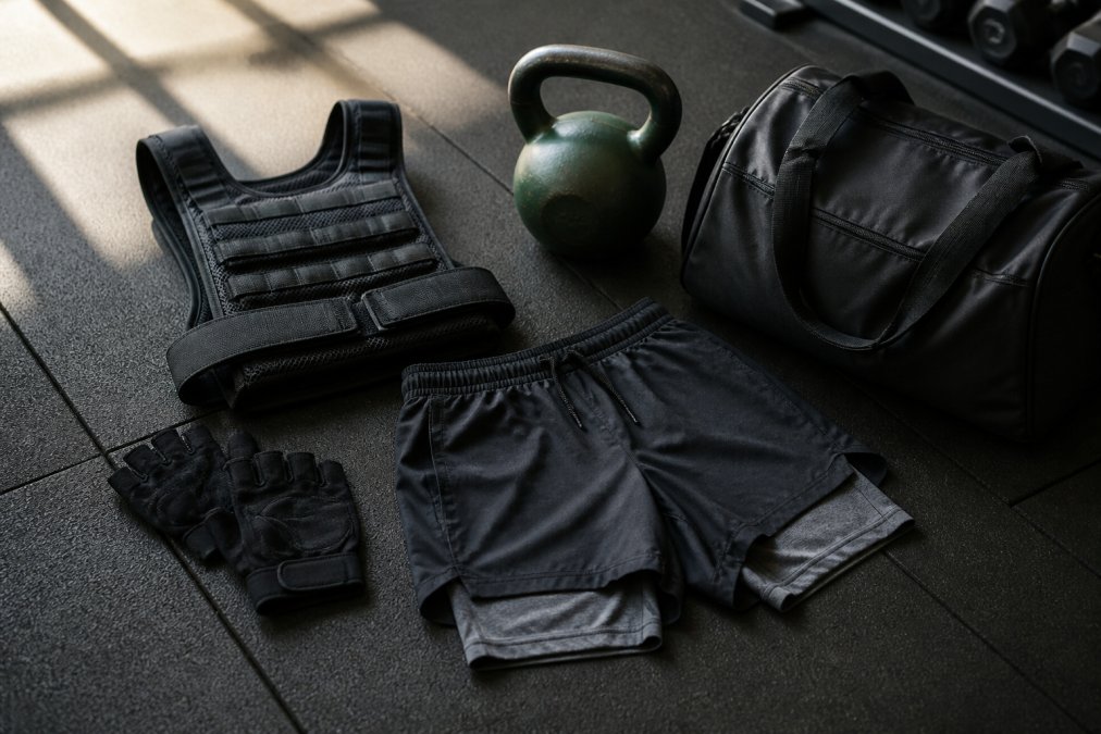 Flat lay of cross training gear on a rubber gym floor: a performance vest, weightlifting gloves, folded 2-in-1 training shorts, a green kettlebell, and a gym bag, arranged neatly under soft window light