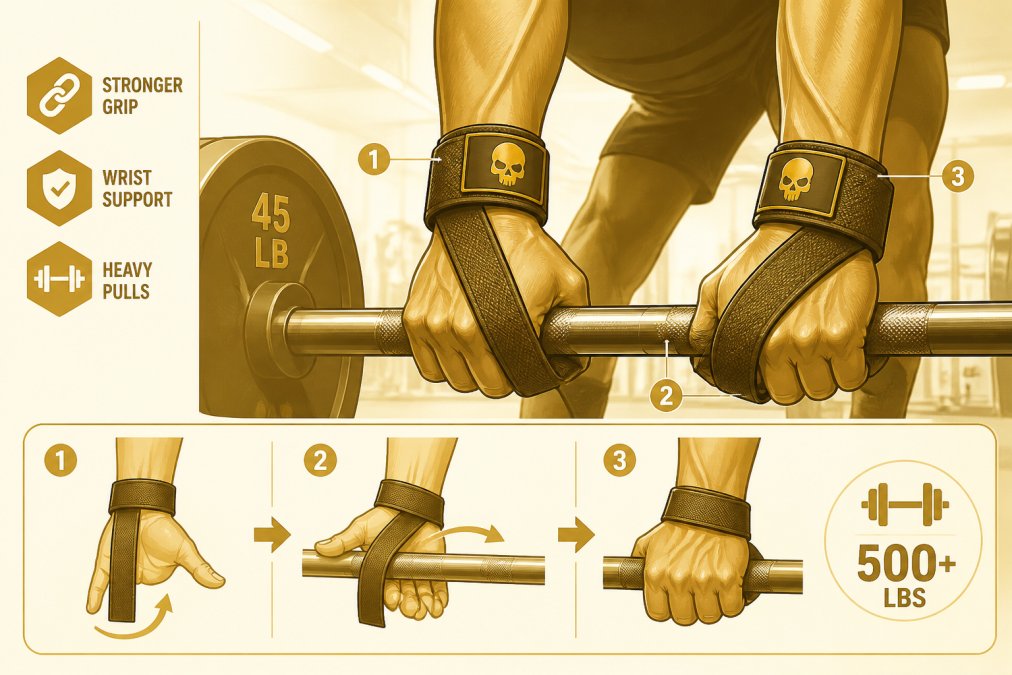 Close-up of lifter's hands gripping a barbell with lifting straps wrapped around wrists, showing the strap mechanism and grip engagement during a heavy deadlift in a commercial gym setting with bright overhead lighting