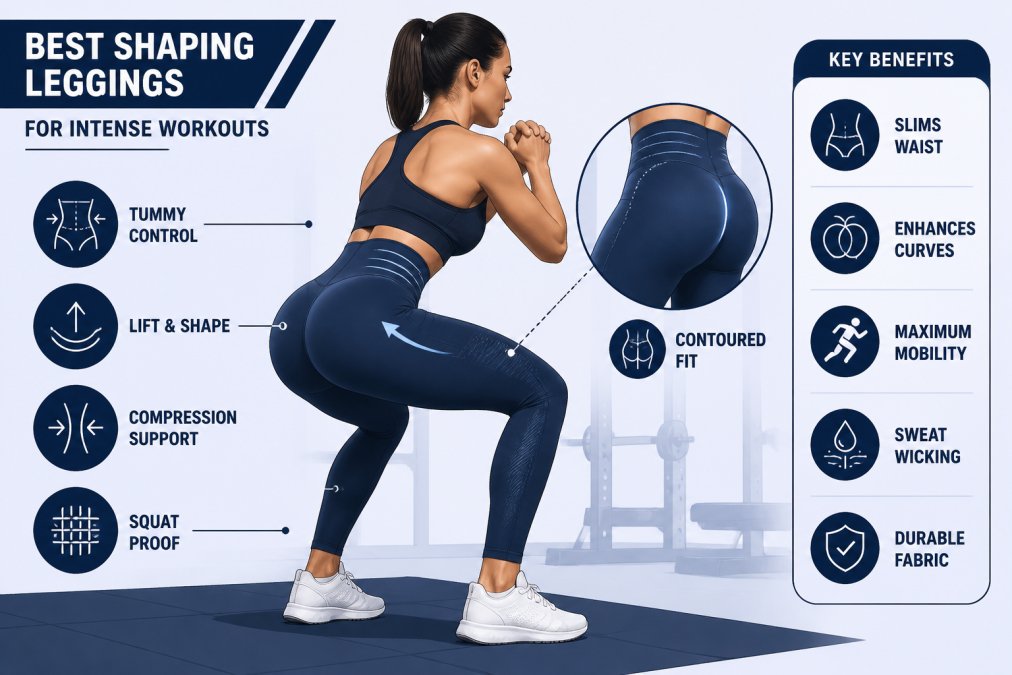 Woman wearing high-waisted compression leggings performing a squat in a gym, showing contoured fit and body-shaping silhouette during active workout with focused lighting on leg and hip area