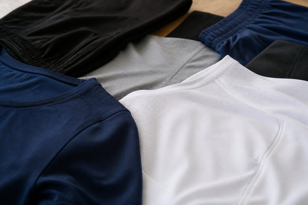 Close-up of padel apparel pieces laid out showing fabric textures, stitching detail, seam construction, and fit variations across multiple brands, natural studio lighting highlighting technical features