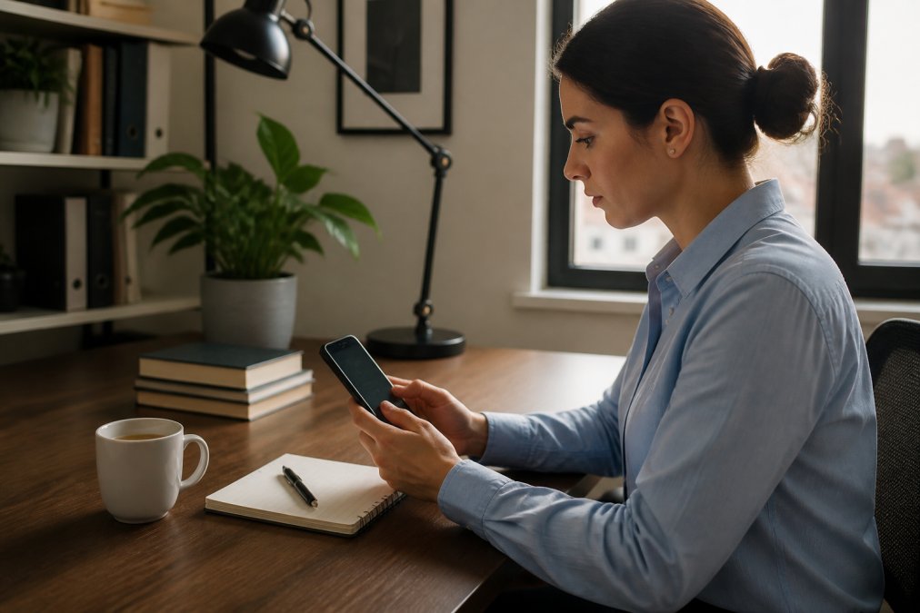 Person sitting at a tidy wooden desk in the morning, checking off completed habits on a smartphone app with a ceramic mug of coffee nearby and a small open notebook, warm golden natural light from a nearby window