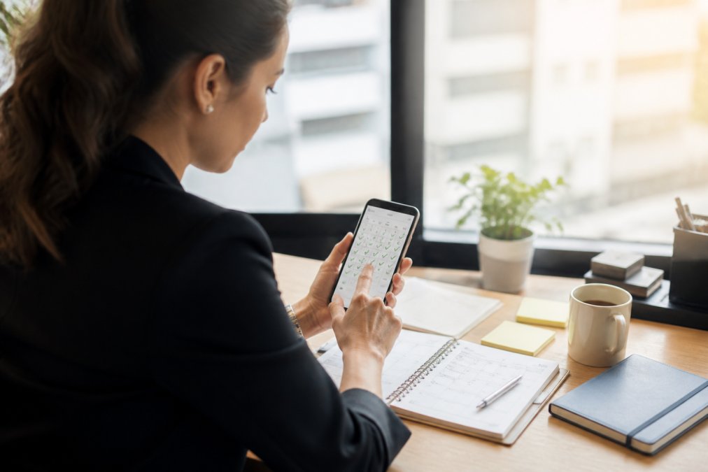 Professional at desk checking off daily habit on smartphone with calendar and planner visible, morning light streaming through office window