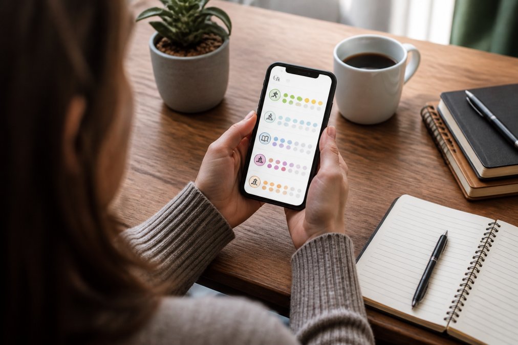 Hands holding smartphone displaying habit tracker app with progress streaks and notifications, desk workspace with coffee and productivity tools nearby
