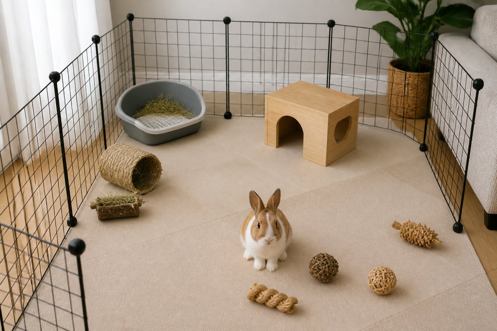 A bright, clean living room corner with a modular exercise pen setup for a rabbit, showing soft flooring mats, a litter box in the corner, a wooden hideout house, and natural chew toys scattered on the floor