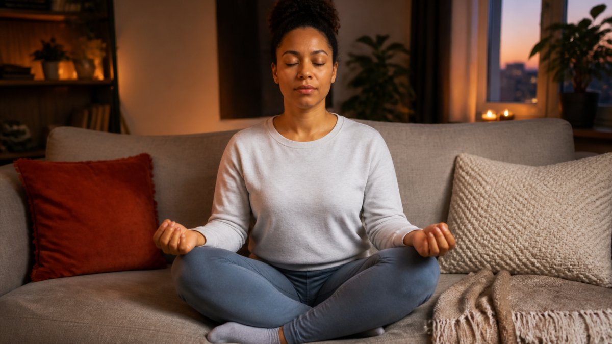 A person sitting on a couch with eyes closed, hands resting on knees, taking slow deep breaths in a calm living room with soft evening light coming through the window