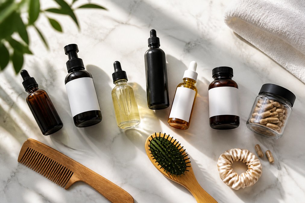 Flat lay of several hair growth product bottles, serums, and supplements arranged on a white marble surface with a few loose hair accessories and a wooden comb, photographed under soft natural window light