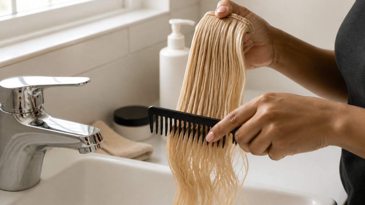 Close-up of hands gently detangling blonde raw hair extensions with a wide-tooth comb, working from ends upward in a bright bathroom with natural window lighting