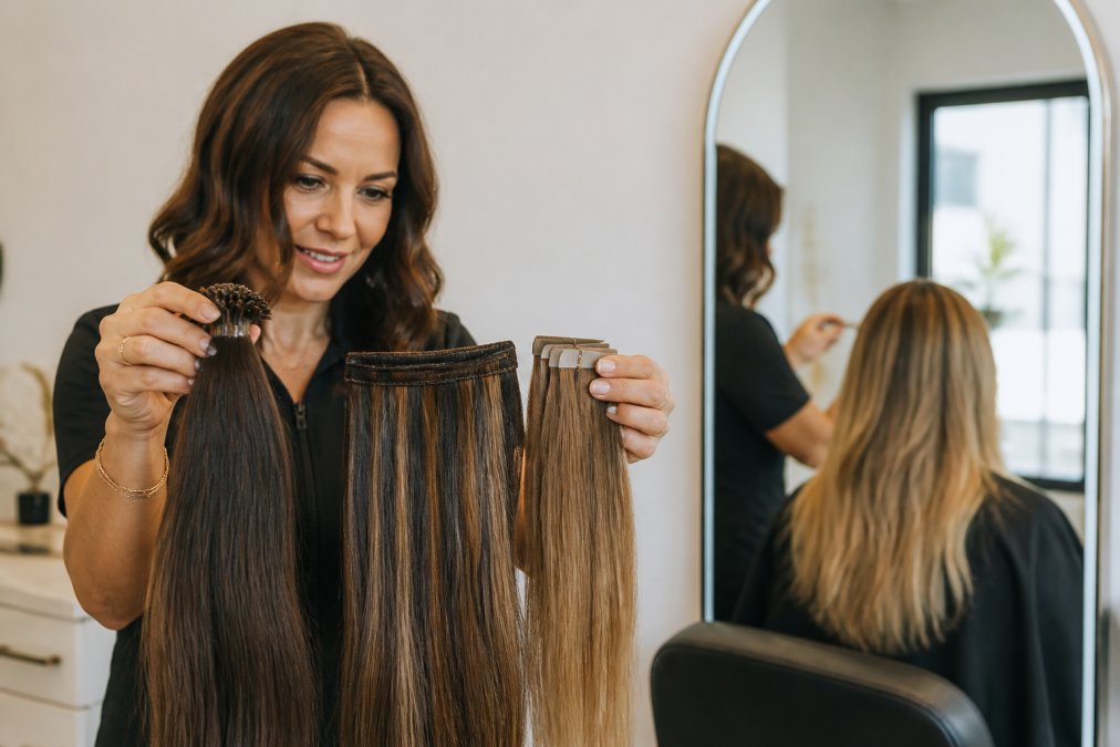 Hair extension specialist comparing K-tip, weft, and tape-in extensions for volume in a studio