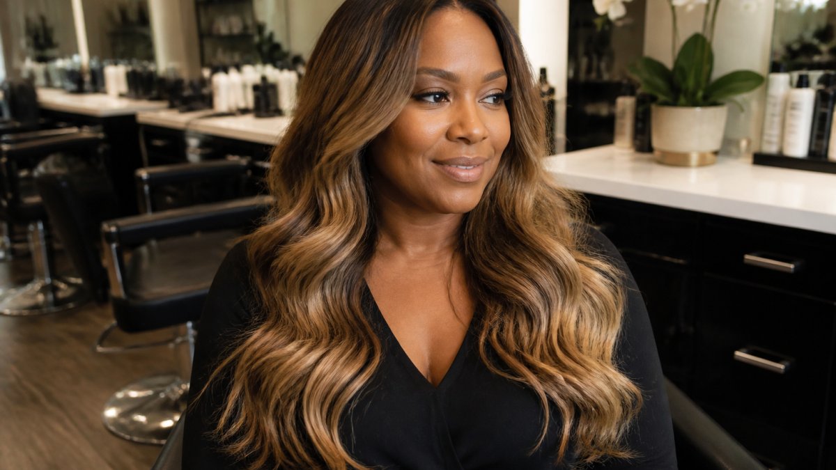 Woman with voluminous, blended hair extensions styled in soft waves, showing seamless color match and natural texture integration with base hair, professional salon lighting