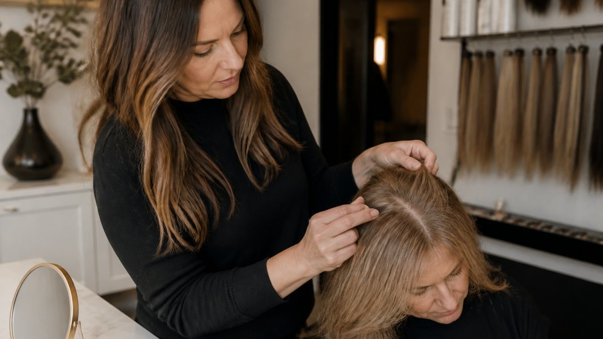 Close-up of a stylist's hands gently examining the crown and part area of a woman's fine, fragile hair under soft studio lighting, with a small hand mirror and comb on a clean station nearby