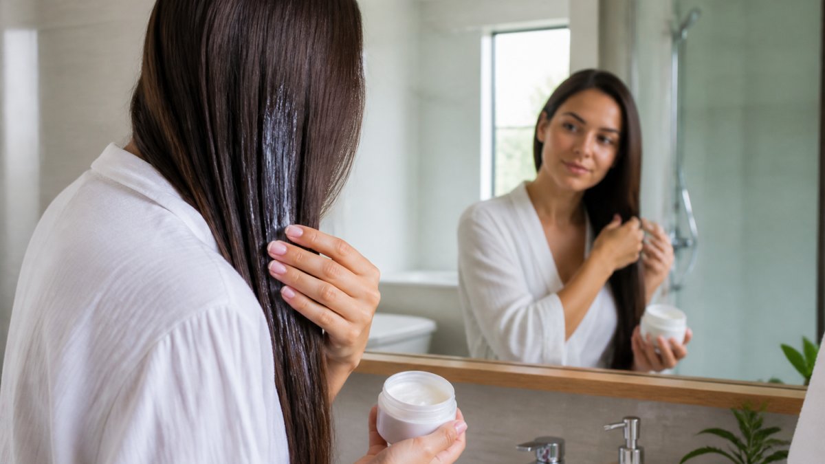 A woman with long, smooth, shiny keratin-treated hair applying a white hair mask from a jar in a bright, modern bathroom, looking into the mirror, soft natural light through a window, self-care routine mood