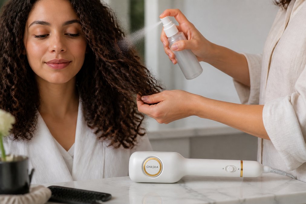 Close-up of hands applying thermal protection spray to curly hair before heat styling, demonstrating the preparation technique with product spray visible