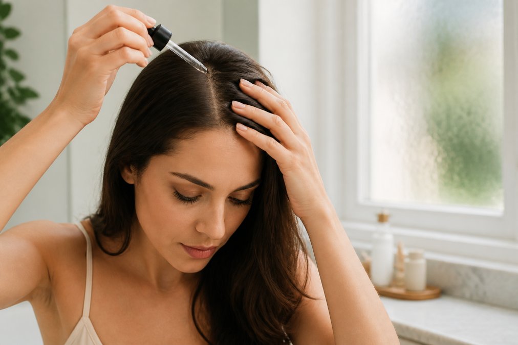 Close-up of a woman applying a dropper serum directly to her parted scalp with her fingertips, bright clean bathroom setting with soft natural light coming through a frosted window