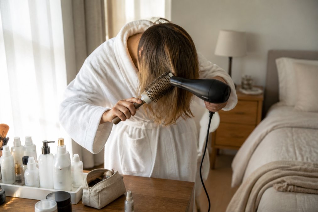 Woman blow-drying her fine hair upside down with a large round brush, wearing a white robe in a softly lit bedroom dressing area with warm morning light