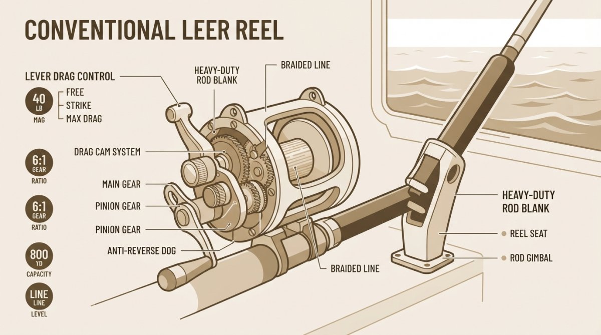 Close-up of a conventional lever-drag reel mounted on a heavy boat rod, showing the drag system and spool detail with ocean water and fishing grounds visible in the background