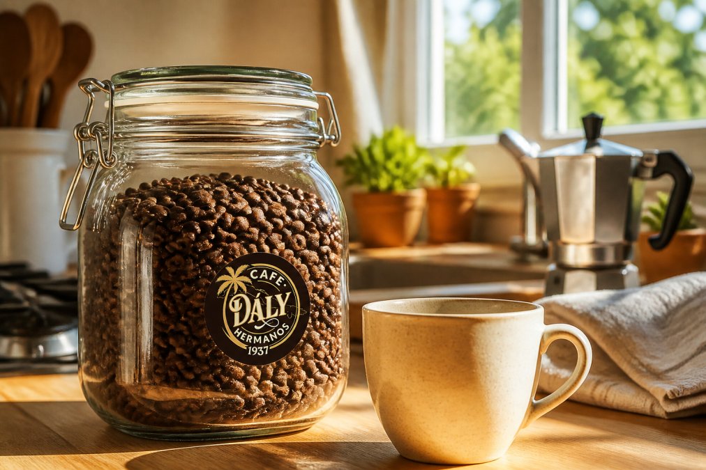 Close-up of freshly roasted coffee beans in an airtight glass jar with roast date label visible, morning sunlight streaming through a kitchen window