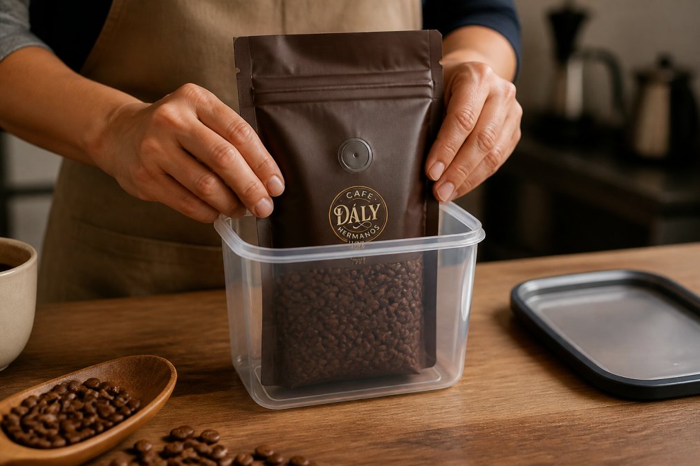 Hands placing a sealed bag of whole bean coffee into an airtight container, with degassing valve visible on the original packaging