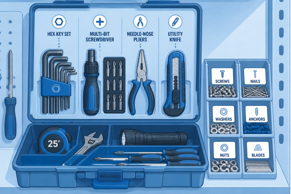 Close-up of an open, well-organized toolbox on a garage shelf showing neatly sorted hand tools including a hex key set, multi-bit screwdriver, needle-nose pliers, and utility knife, with small labeled bins holding fasteners and blades nearby