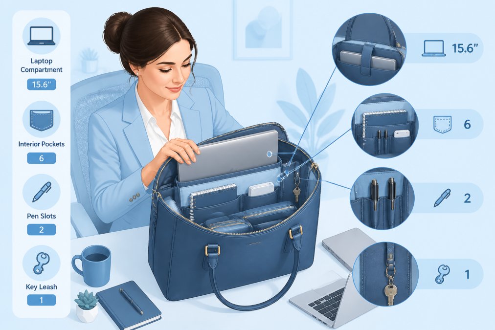 Professional woman seated at her desk with an open leather handbag showing organized laptop compartment, multiple interior pockets, and daily essentials neatly arranged