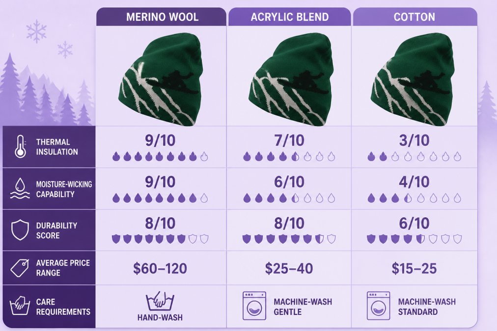 Comparison matrix showing merino wool vs acrylic blend vs cotton: thermal insulation rating 9/10 vs 7/10 vs 3/10, moisture-wicking capability 9/10 vs 6/10 vs 4/10, durability score 8/10 vs 8/10 vs 6/10, average price range $60-120 vs $25-40 vs $15-25, care requirements hand-wash only vs machine-wash gentle vs machine-wash standard
