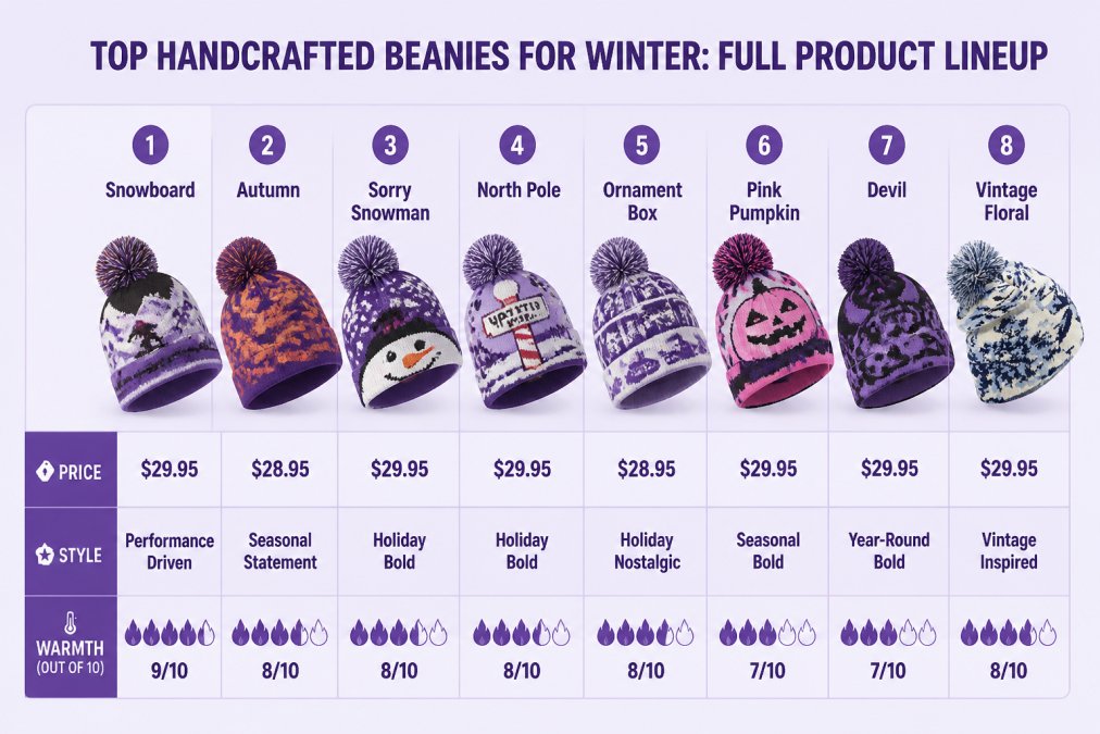 Feature comparison chart of 8 best handcrafted beanies for winter showing: Snowboard ($29.95, performance-driven, 9/10 warmth), Autumn ($28.95, seasonal statement, 8/10 warmth), Sorry Snowman ($29.95, holiday bold, 8/10 warmth), North Pole ($29.95, holiday bold, 8/10 warmth), Ornament Box ($28.95, holiday nostalgic, 8/10 warmth), Pink Pumpkin ($29.95, seasonal bold, 7/10 warmth), Devil ($29.95, year-round bold, 7/10 warmth), Vintage Floral ($29.95, vintage-inspired, 8/10 warmth)