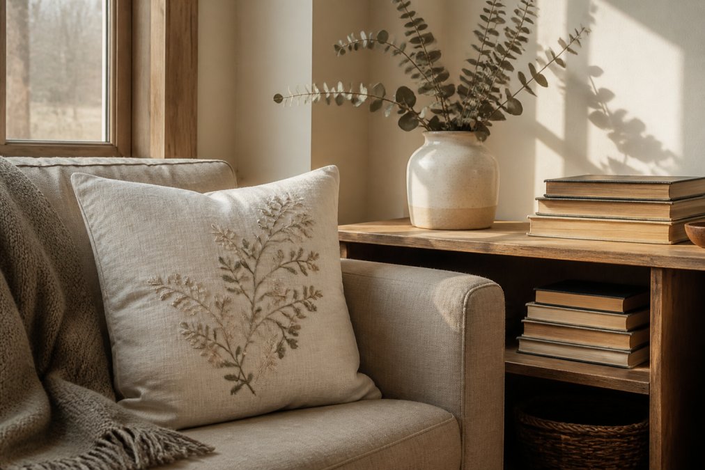 A cozy living room corner with a personalized ceramic vase holding dried eucalyptus, an embroidered throw pillow on a linen sofa, and a small wooden shelf with stacked books, warm afternoon light through a window