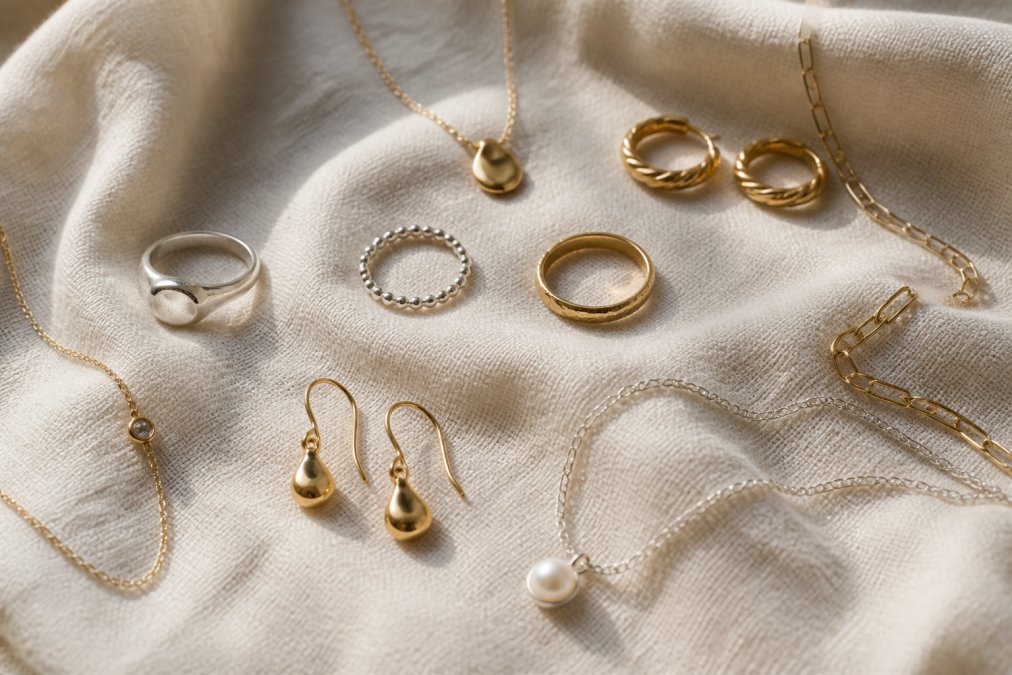 Close-up of several delicate handcrafted jewelry pieces, rings, necklaces, and earrings in gold and sterling silver, arranged on a light linen surface with soft natural lighting