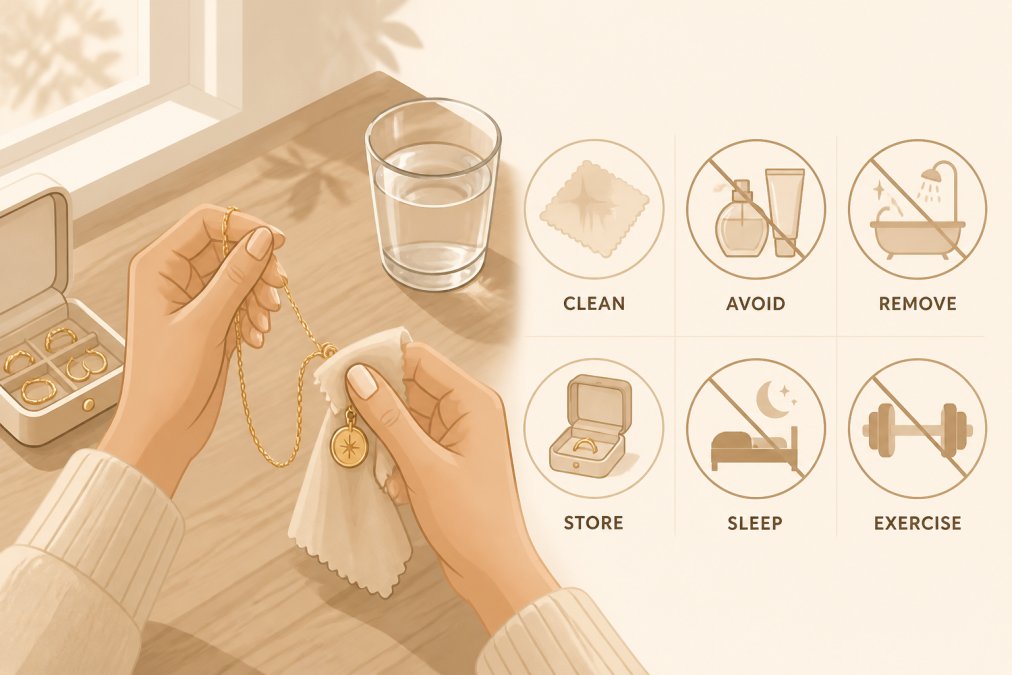 Hands gently polishing a gold necklace with a soft cloth on a wooden table, with a small jewelry box and a glass of water nearby, warm natural light from a window