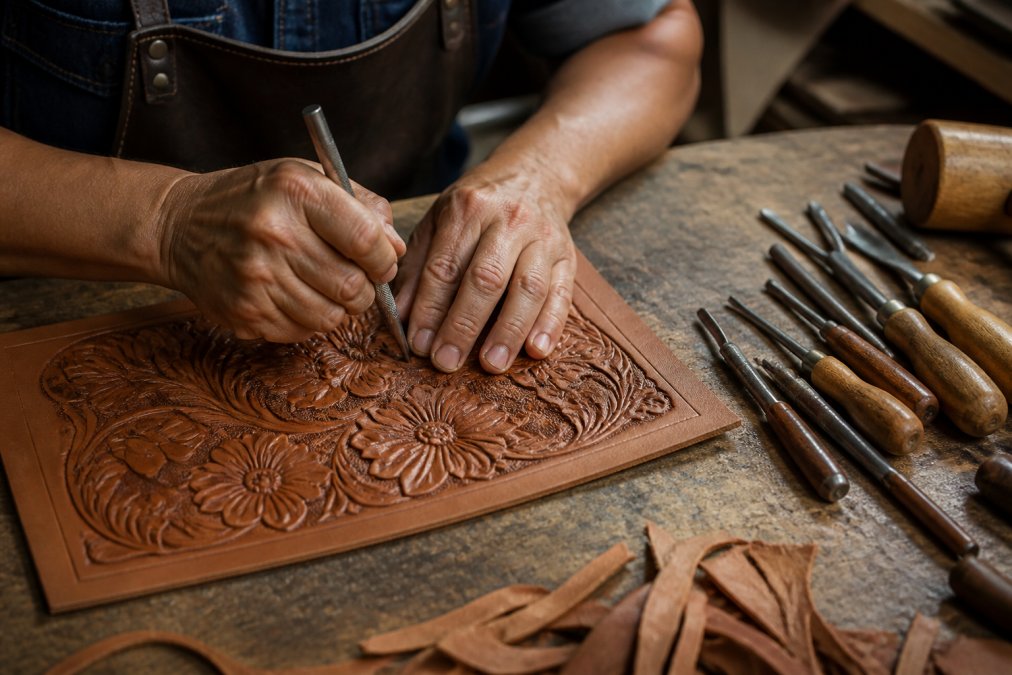 Close-up of artisan hands using hand-tooling tools to carve intricate floral details into genuine leather, with wood carving implements and leather scraps visible on a worn work surface in natural workshop lighting