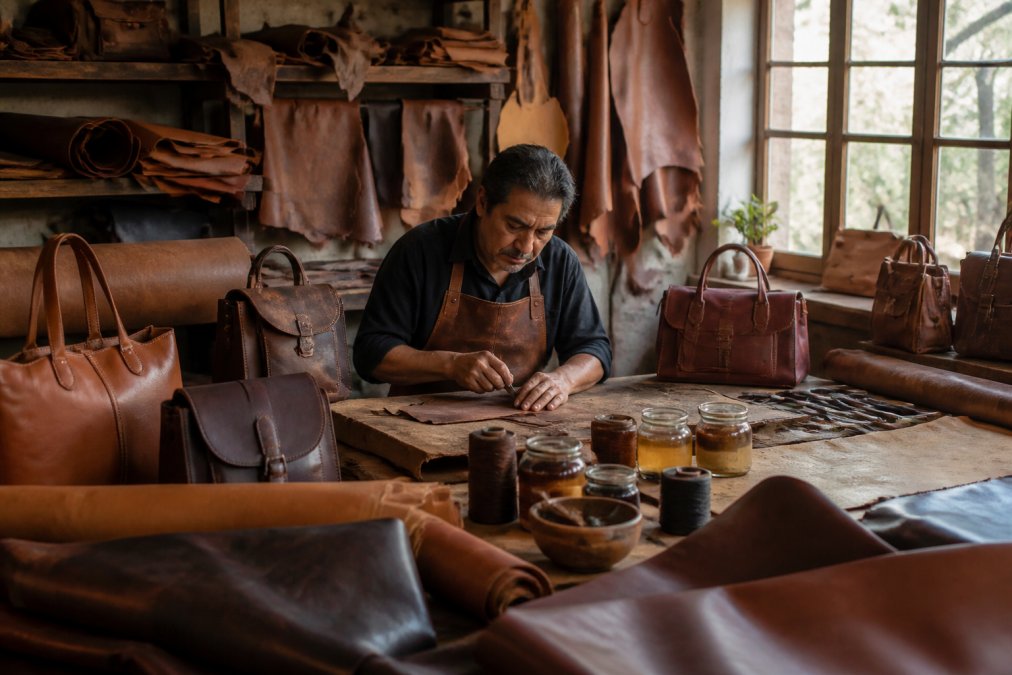 Artisan craftsperson in a rustic leather workshop surrounded by finished handcrafted leather bags in various stages of completion, rolls of raw leather, hand-tooling implements, and traditional tanning materials, with natural light streaming through workshop windows