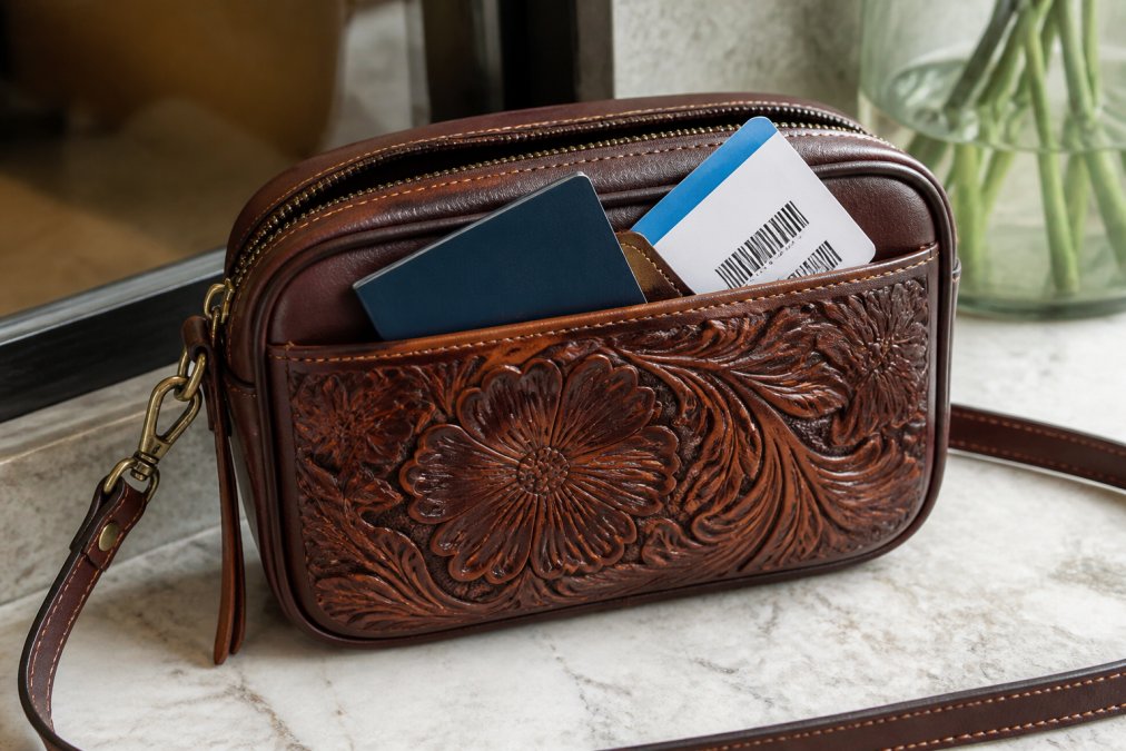 Close-up of a structured hand-tooled floral leather crossbody bag resting on a marble surface, with a passport and boarding pass tucked into its card slots, natural light highlighting the deep carving