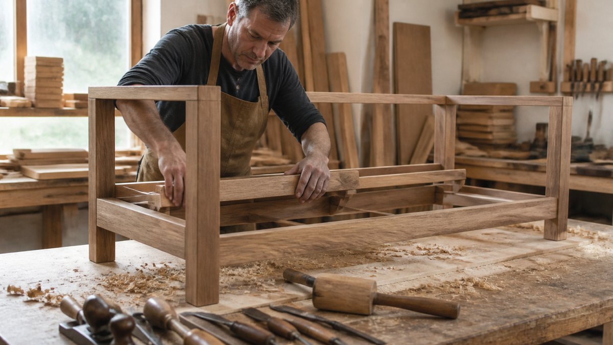 A skilled craftsman's hands assembling a solid wood sofa frame in a bright, well-organized workshop, wood shavings and traditional hand tools visible on the workbench