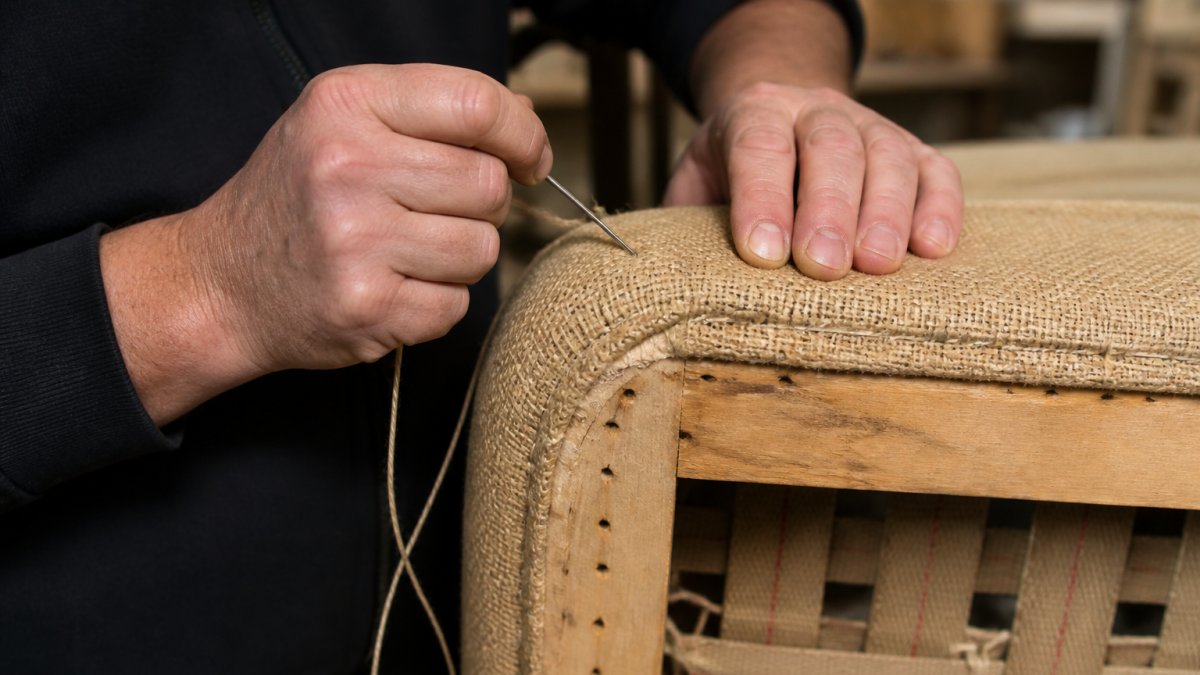 Close-up of skilled upholsterer's hands stitching a sofa frame with traditional needle and thread, showing detailed craftsmanship and precision work in natural workshop lighting