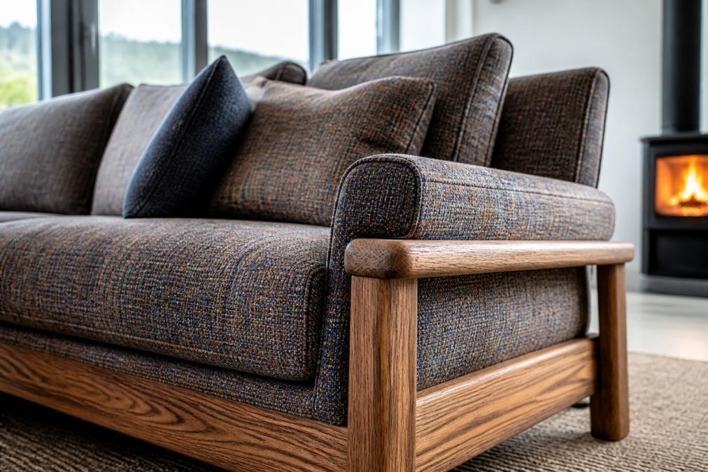 Close-up photograph of a handcrafted sofa upholstered in Harris Tweed fabric, showing the texture of the weave and the exposed solid hardwood frame, positioned in a bright modern living room with natural light through large windows