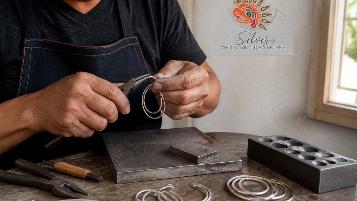 Close-up of a skilled Taxco artisan's hands carefully hand-forming sterling silver wire using traditional metalworking tools and techniques in a natural-light workshop