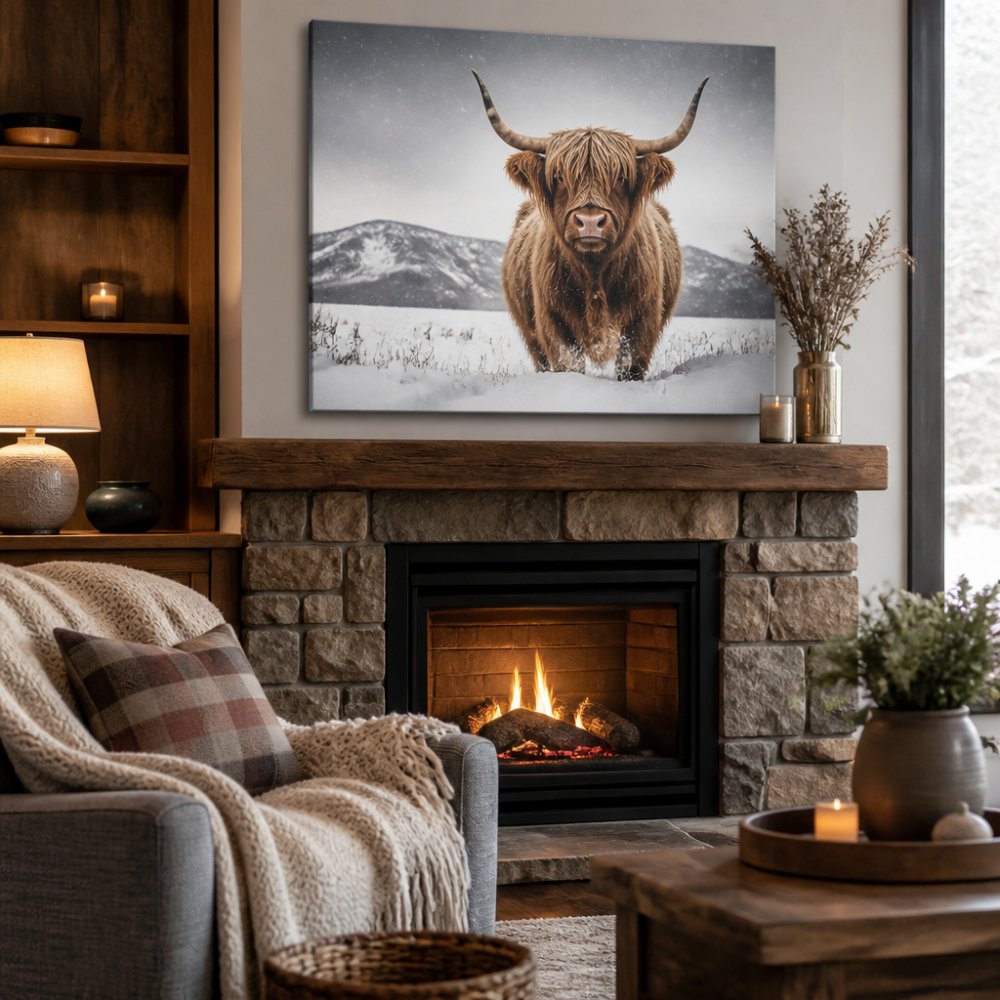 A framed canvas print of a fluffy Highland cow in a snowy landscape hanging above a cosy living room fireplace, with soft knit blankets draped on a nearby armchair and warm ambient lighting
