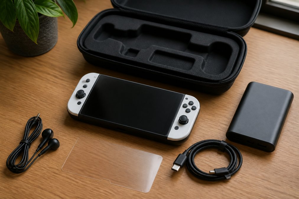 Flat lay of travel gaming setup on wooden desk including handheld console, USB-C charging cable, portable power bank, protective carrying case with padding, screen protector, and wired earbuds arranged neatly