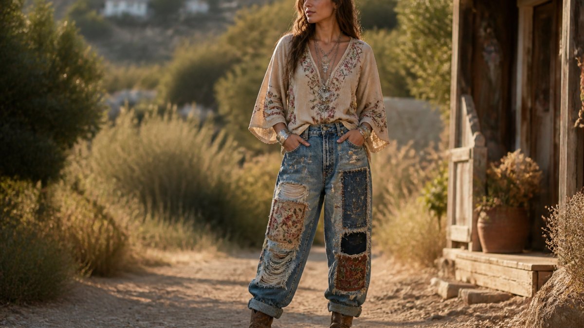 Woman in distressed patchwork denim and embroidered bohemian top standing in golden hour sunlight
