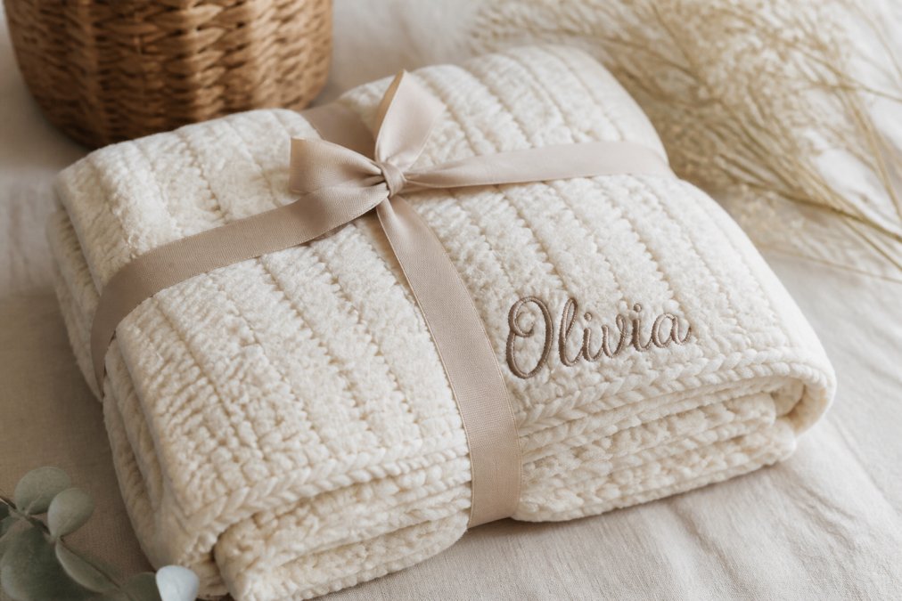 Beautifully wrapped handmade cozy blanket with personalized name embroidery visible, displayed on neutral background with soft natural lighting