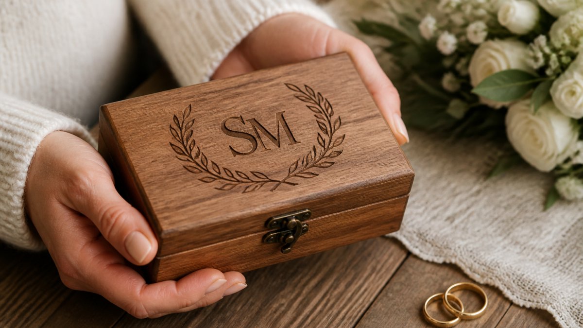 Close-up of hands holding a personalized engraved wooden keepsake box with a couple's initials, soft natural light, wedding rings nearby on a table