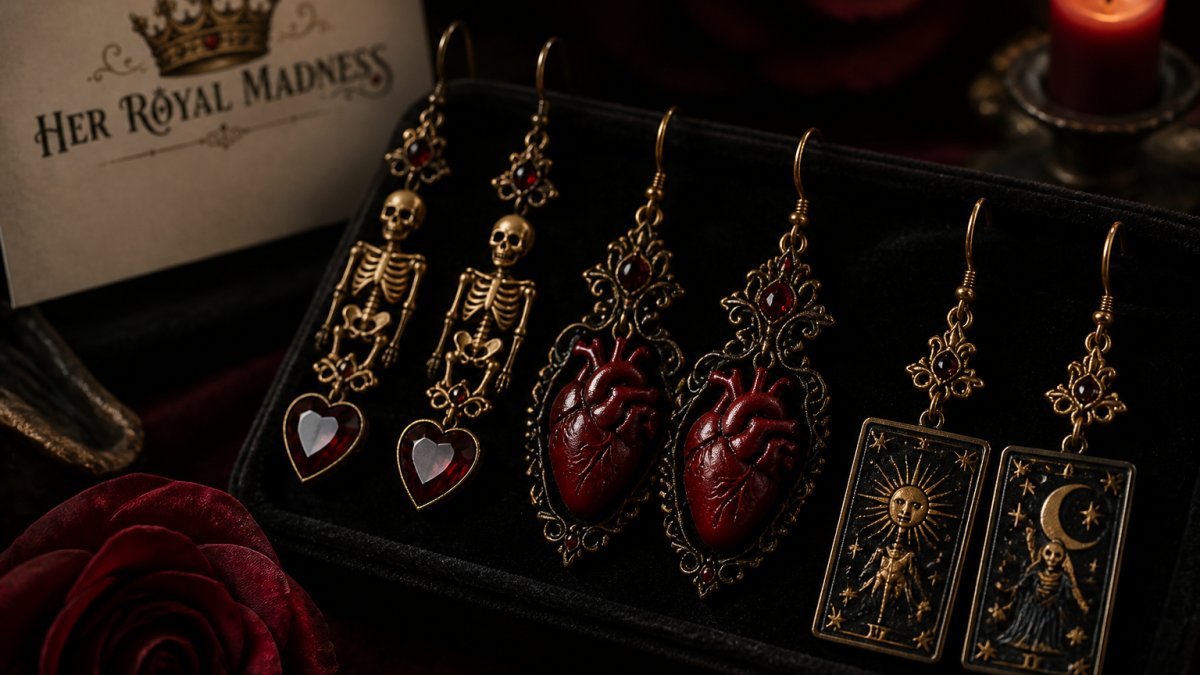 Close-up of gothic dangle earrings displayed on dark velvet surface, showing skeletal and anatomical heart designs with red and gold details, dramatic studio lighting